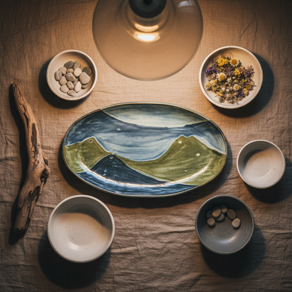 A rustic, bohemian flatlay of ceramic tableware is arranged on a crumpled linen cloth in warm mushroom beige. At the center lies a large, oval serving platter with a flowing, hand-painted pattern inspired by waves and mountain silhouettes, glazed in muted indigo and olive. Around it are small, irregular bowls with matte, chalky finishes, one filled with dried wildflowers, another with pale grey pebbles. A piece of driftwood edges the composition, adding natural texture. Soft, warm pendant lighting from above creates a cozy glow, with gentle highlights on the glazes and velvety shadows in the folds of the linen. Captured from a true overhead perspective with photographic realism and balanced composition, the image feels intimate, tactile, and deeply connected to nature.