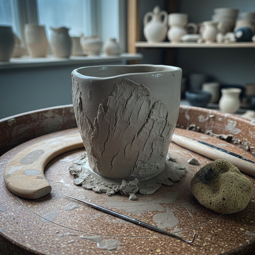 A close-up, slightly overhead view of a potter’s wheel tray shows a freshly thrown, asymmetrical ceramic cup in a soft clay-gray tone, its surface etched with subtle, hand-carved lines reminiscent of tree bark. The wheel tray bears traces of dried clay and scattered small tools: a wooden rib, a metal needle tool, and a sponge stained with slip. Cool, overcast window light falls evenly from above, creating delicate highlights along the wet clay and soft, diffuse shadows in the carved grooves. The background fades into a gentle blur of studio shelves filled with indistinct shapes of other works in progress. The photographic realism, shallow depth of field, and muted colors create an intimate, contemplative mood that highlights the raw, natural character of the ceramics.