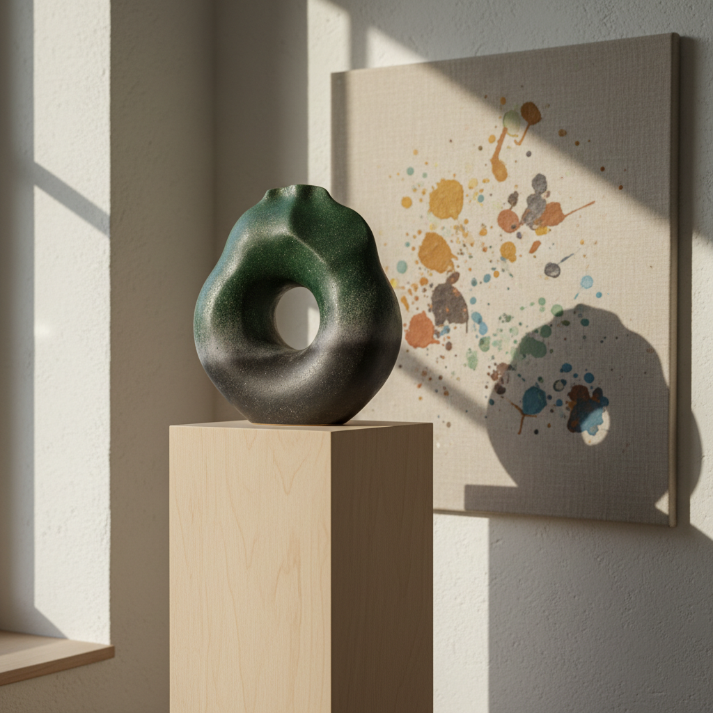 An atmospheric corner of a minimalist bohemian studio shows a tall, narrow wooden display plinth supporting a single, sculptural ceramic piece shaped like an abstract, hollowed stone. The piece has a layered glaze of deep forest green fading into smoky charcoal, with tiny crystalline speckles catching the light. Behind it, a large, unframed canvas leans against a limewashed wall, splattered with earth-toned test glazes. Soft afternoon light filters through an unseen window, creating a gentle gradient on the wall and a defined but delicate shadow of the sculpture. Shot from a low, slightly angled perspective, the ceramic form dominates the frame, with the background softly out of focus. The photographic style is refined and modern, evoking a gallery-like calm and sophisticated artistry.