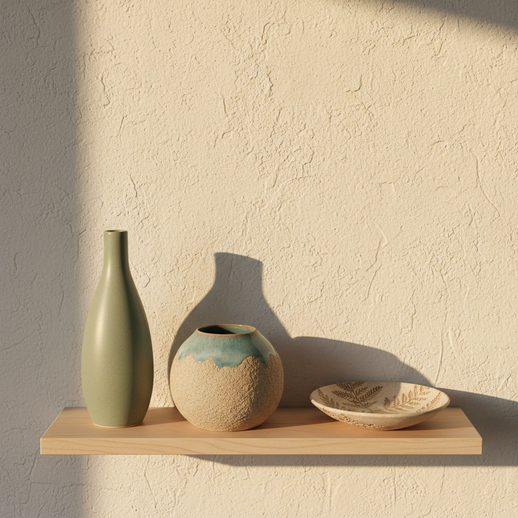 A small collection of nature-inspired ceramic vessels is arranged on a floating, pale birch shelf against a textured, off-white plaster wall. Each piece has a unique organic silhouette: one tall, slender vase with a matte sage glaze, one rounded jar with a rough, sandy exterior and glossy interior, and one shallow dish with carved fern patterns. Golden hour sunlight grazes the ceramics from the side, emphasizing their textures and casting elongated, soft shadows on the wall. The composition uses the rule of thirds, leaving generous negative space above and beside the pieces. Shot straight-on with photographic realism and sharp detail, the mood is serene, curated, and sophisticated, suggesting a refined bohemian studio space filled with quiet creativity.