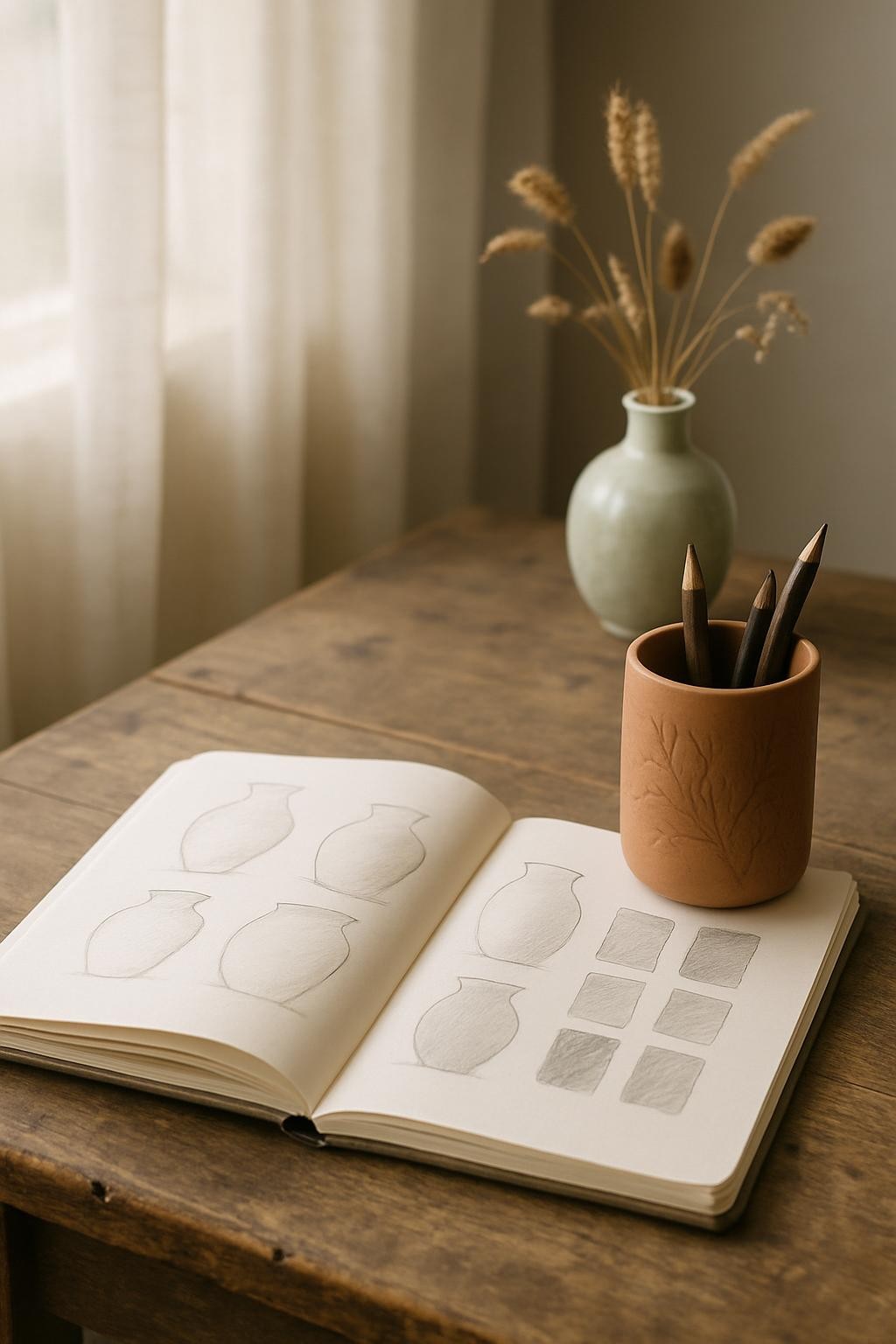 A serene writing nook for the ceramics blog features an open sketchbook on a reclaimed wooden desk, its pages filled with pencil sketches of vase forms and glaze test swatches. Beside it sits a cylindrical ceramic pen holder in warm terracotta, its surface carved with delicate botanical motifs, holding a few well-worn drawing tools. In the background, a small, low-fire stoneware vase in pale celadon glaze cradles dried grasses and seed heads. Gentle, diffused daylight filters through sheer curtains, bathing the scene in a soft, neutral glow. Shot from a slightly elevated angle with a medium depth of field, the sketchbook and ceramics are in crisp focus while the background softens. The photographic, understated aesthetic communicates quiet reflection, process, and thoughtful craftsmanship.