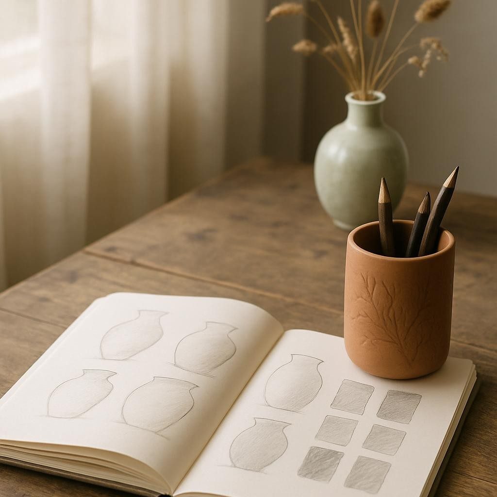 A serene writing nook for the ceramics blog features an open sketchbook on a reclaimed wooden desk, its pages filled with pencil sketches of vase forms and glaze test swatches. Beside it sits a cylindrical ceramic pen holder in warm terracotta, its surface carved with delicate botanical motifs, holding a few well-worn drawing tools. In the background, a small, low-fire stoneware vase in pale celadon glaze cradles dried grasses and seed heads. Gentle, diffused daylight filters through sheer curtains, bathing the scene in a soft, neutral glow. Shot from a slightly elevated angle with a medium depth of field, the sketchbook and ceramics are in crisp focus while the background softens. The photographic, understated aesthetic communicates quiet reflection, process, and thoughtful craftsmanship.